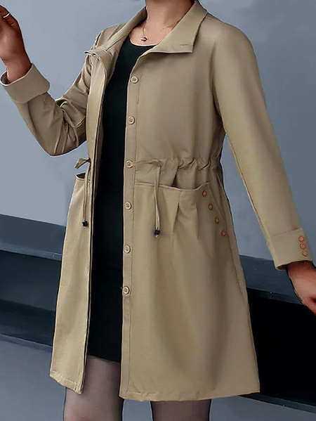 

Shawl Collar Long Sleeve Plain Drawstring Regular Loose Trench Coat For Women, Khaki, Trench coat