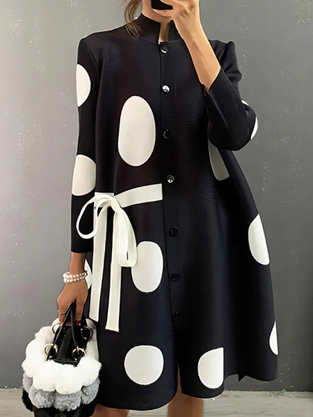 

Plus Size Three Quarter Sleeve Polka Dots Elegant Loose Dress With Belt, Black, Plus Dresses