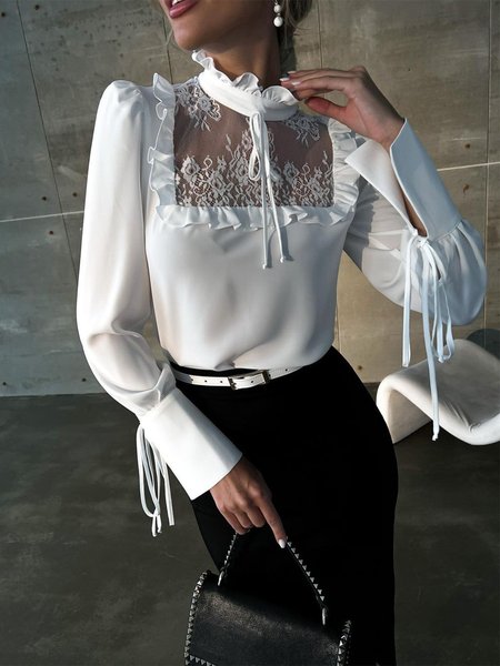 

Elegant Lotus Leaf Collar Plain Long Sleeve Shirt, White, Blouses and Shirts