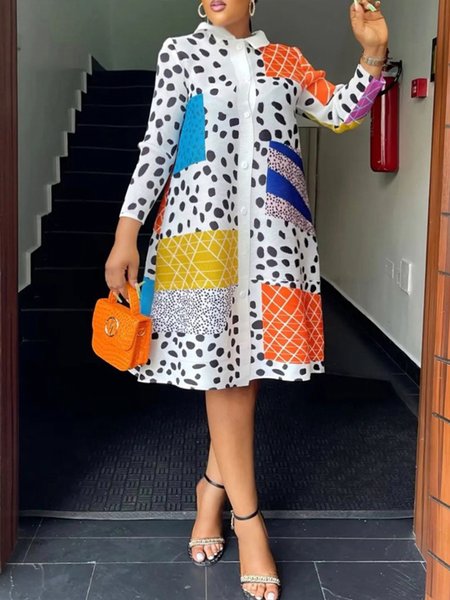 

Plus Size Urban Shirt Collar Loose Geometric Dress, As picture, Plus Dresses