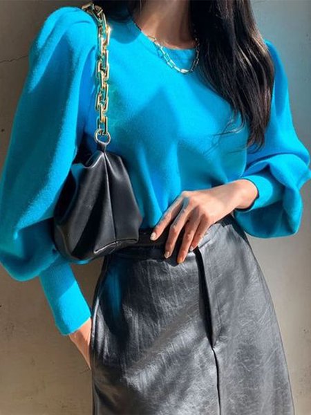 

Plain Loose Elegant Crew Neck Sweater, Blue, Pullovers