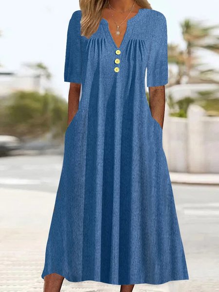 

Plain V Neck Loose Casual Dress, Blue, Dresses