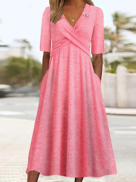 

Plain Knitted Casual V Neck Dress, Pink, Dresses