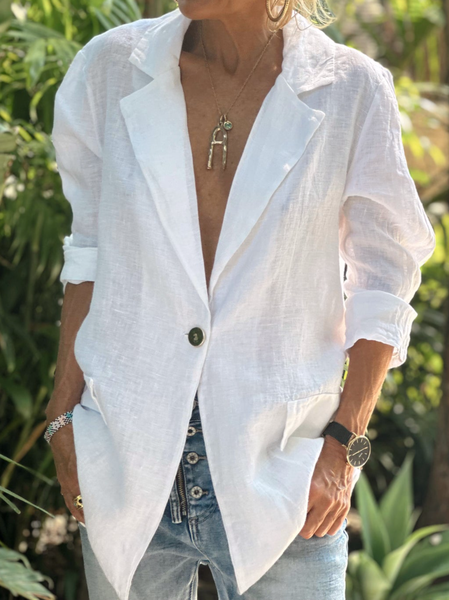 

Lapel Collar Plain Casual Loose Blazer, White, Blazers