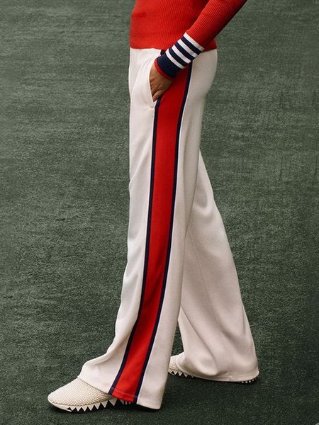 

Color Block Loose Casual Jersey Pants, White-red, Pants