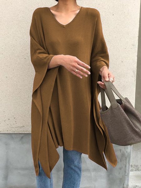

Loose V Neck Plain Casual Long Sleeve Shirt, Brown, Blouses and Shirts