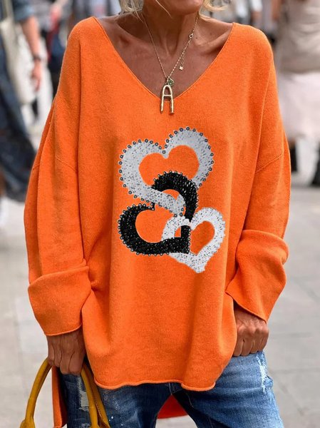 

Heart/Cordate Casual V Neck Sweater, Orange, Sweaters