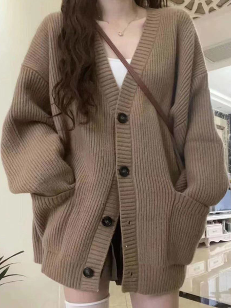 

Casual Plain Buckle Pockets Long Sleeve Cardigan, Brown, Sweaters & Cardigans