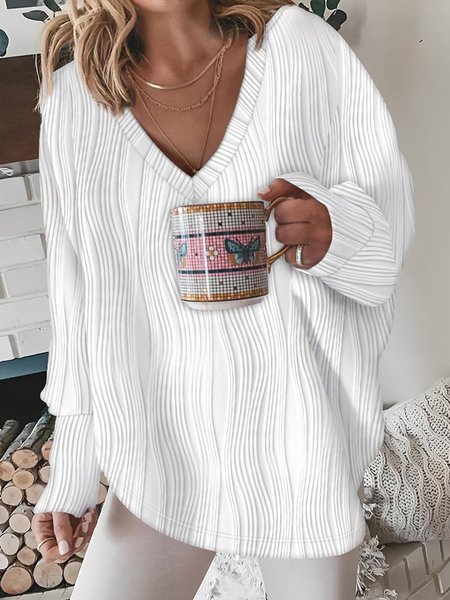 

V Neck Loose Plain Casual Shirt, White, Long Sleeves