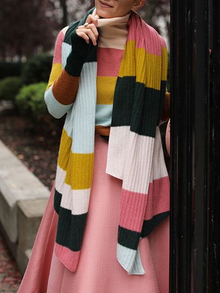 

Long Sleeve Striped Urban Regular Fit Sweater With Scarf, Pink, Pullovers