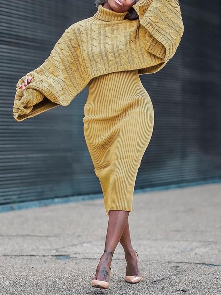 

Regular Fit Urban Crew Neck Sweater Dress, Yellow, Midi Dresses