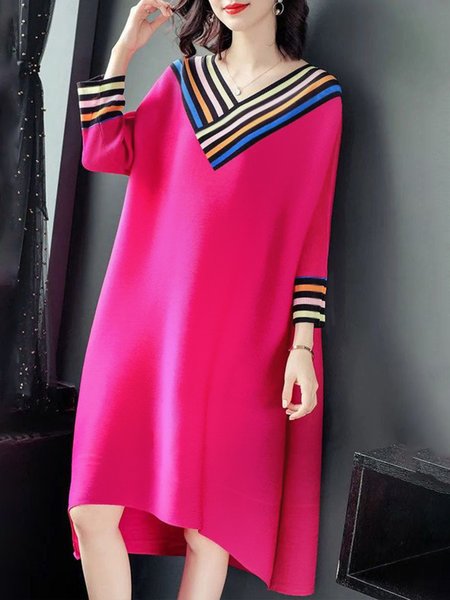 

Long Sleeve Regular Fit Elegant V Neck Striped Dress, Rose red, Midi Dresses