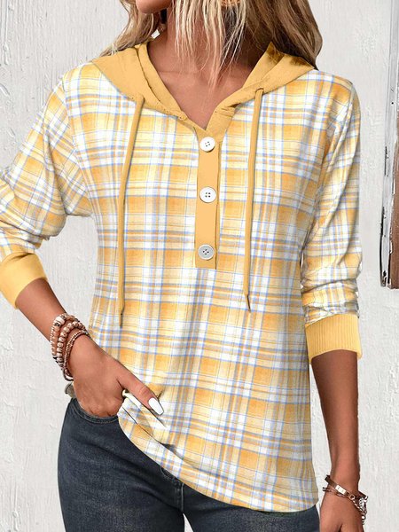 

Buttoned Casual Plaid Hoodie, Yellow, Sweatshirts & Hoodies