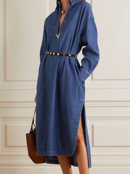 

Long Sleeve Plain Casual Loose Denim Dress, Blue, Midi Dresses