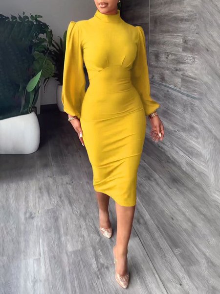 

Long Sleeve Stand Collar Elegant Regular Fit Dress, Yellow, Midi Dresses