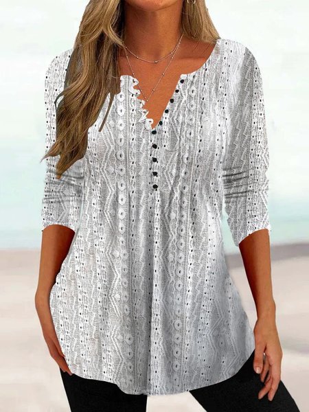 

V Neck Casual Plain Loose Shirt, White, Shirts & Blouses
