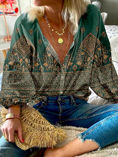 

Loose Ethnic Casual V Neck Blouse, Green, Shirts & Blouses