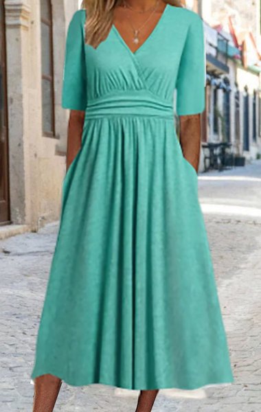 

Plain V Neck Casual Dress With No Belt, Green, Dresses