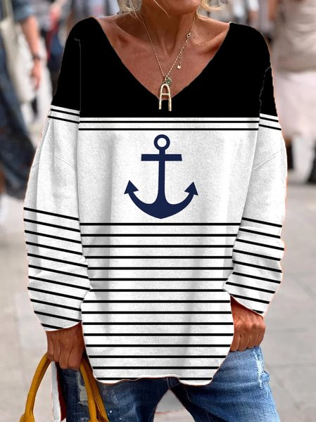 

Yarn/Wool Yarn Casual V Neck Anchor Sweater, Stripe, Sweaters