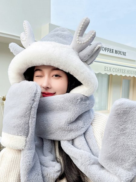 

Imitation Pearls Cute Antlers Hat Scarf Gloves Set, Gray, Women Scarves & Shawls