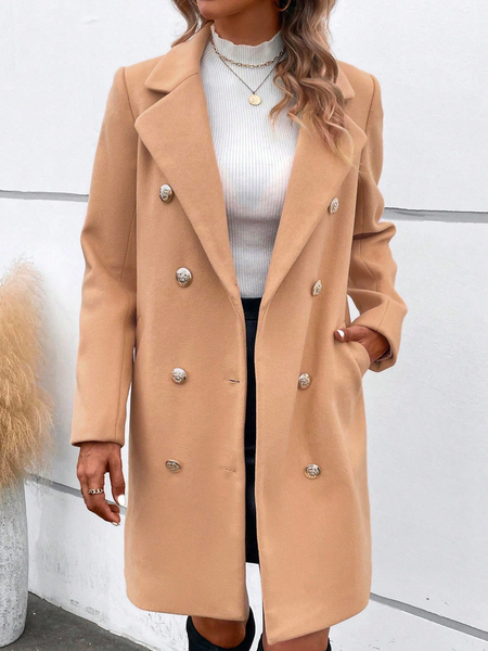

Casual Shawl Collar Plain Buttoned Lapel Collar Double Breasted Overcoat, Brown, Trench Coats