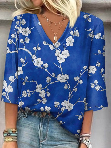 

Casual Floral V Neck T-Shirt, Color13, T-Shirts