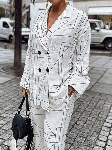 

Lapel Collar Loose Long Sleeve Abstract Urban Blouse, White, Blouses and Shirts