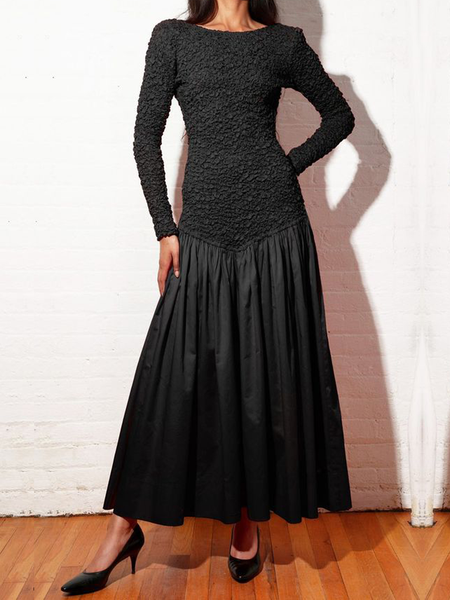 

Regular Fit Micro-Elasticity Plain Crew Neck Long Sleeve Elegant Maxi Dress, Black, Maxi Dresses