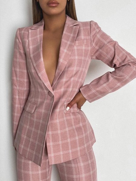 

Long Sleeve Lapel Collar Plaid Regular Fit Urban Blazer, Pink, Blazers