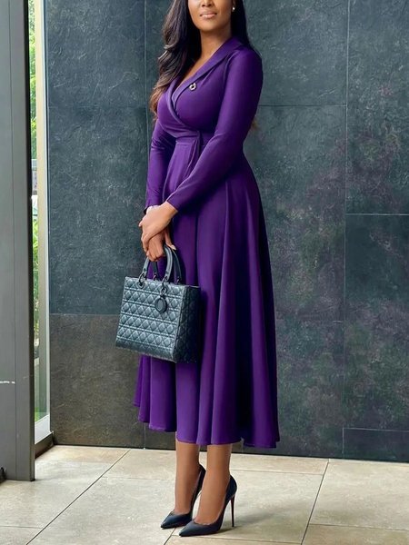 

Elegant Regular Fit Shawl Collar Midi Dress With No Belt, Purple, Midi Dresses