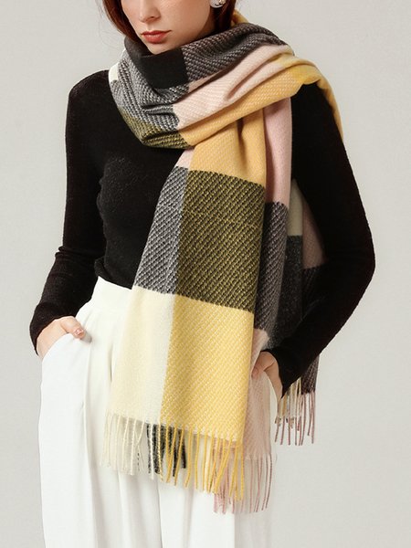 

Women Elegant Color Block Plaid Fringed Thermal Scarf, Color11, Scarves