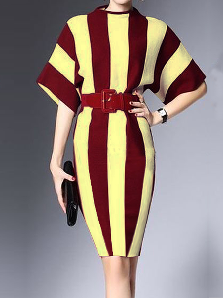 

Elegant Regular Fit Stand Collar Three Quarter Sleeve Striped Sweater Dress With Belt, As picture, Midi Dresses