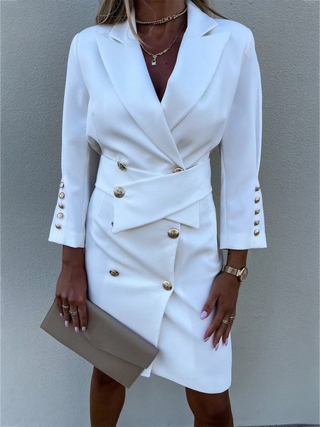 

Plain Elegant Lapel Collar Regular Fit Dress With Belt, White, Mini Dresses
