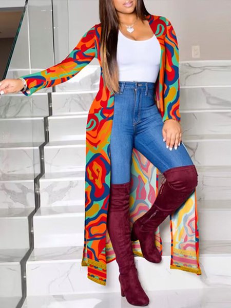 

Urban Loose Abstract Print Long Sleeve Kimono, As picture, Kimonos