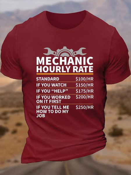 Men's Funny Mechanic Hourly Rate Cotton Casual Letters T-Shirt, Red, T-shirts