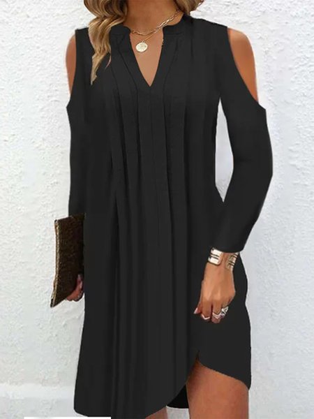 

V Neck Casual Loose Plain Dress, Black, Dresses