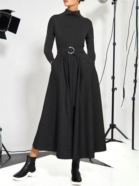 

Half Turtleneck Elegant Plain Dress With Belt, Black, Maxi Dresses