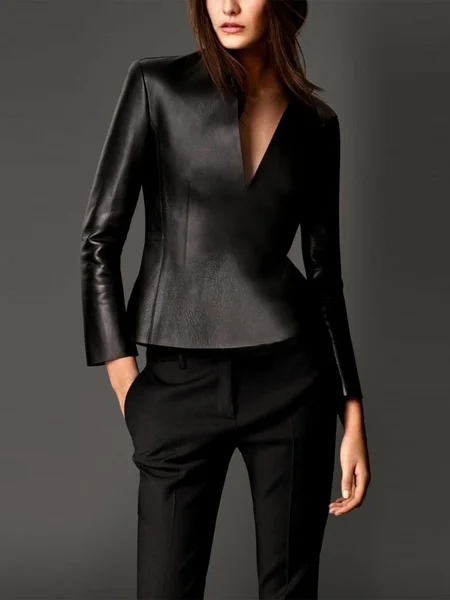 Plain Regular Fit Urban Long Sleeve V Neck Faux Leather Top, Black, Tops
