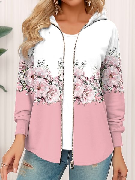 

Floral Zipper Loose Casual Jacket, Pink, Jackets