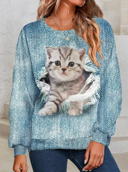 

Loose Crew Neck Casual Cat Sweatshirt, Blue, Sweatshirts & Hoodies