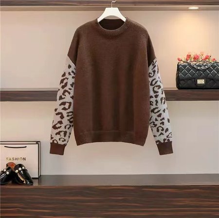 

Women Yarn/Wool Yarn Leopard Long Sleeve Comfy Casual Sweater, Coffee, Sweaters