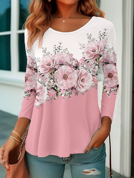 

Casual Floral Loose Crew Neck T-Shirt, Pink, T-Shirts