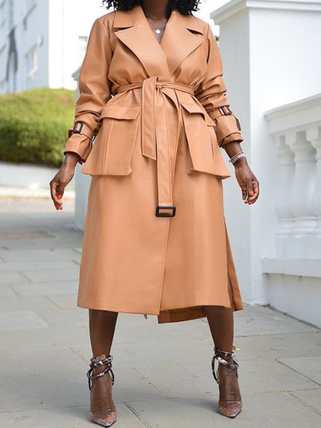 

Urban Plain Loose Long Sleeve Lapel Collar Pu Leather Mid-long Coat, Khaki, Coats