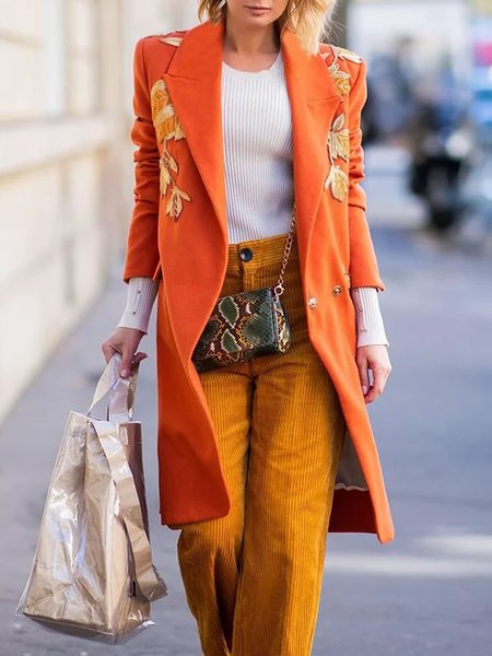 

Lapel Collar Urban Embroidery Long Sleeve Coat, Orange, Coats