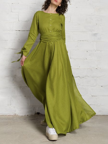 

Regular Fit Urban Cotton Crew Neck Dress With Belt, Green, Maxi Dresses