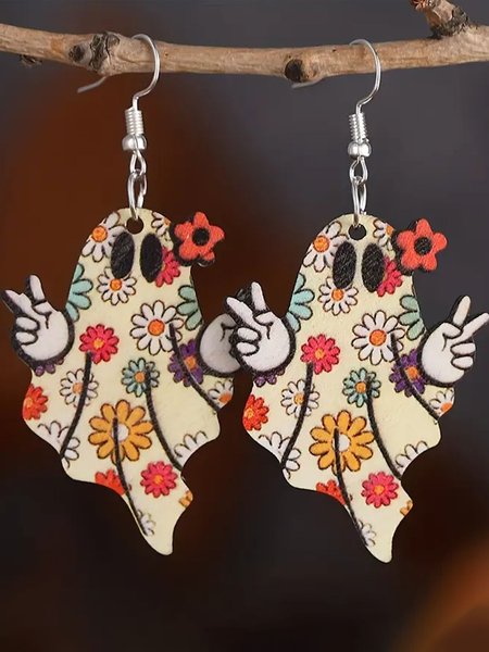 

Halloween Retro Flower Pattern Ghost Pendant Earrings, White, Earrings