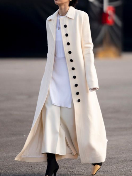 

Plain Loose Shirt Collar Long Sleeve Urban Long Coat, Off white, Coats