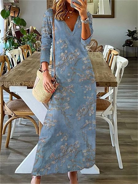 

Floral Knitted Casual V Neck Dress, Blue, Dresses