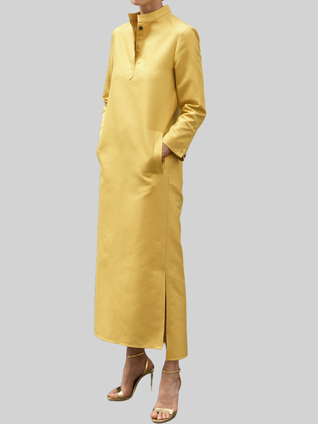 

Urban Loose Stand Collar Long Sleeve Plain Maxi Dress, Yellow, Maxi Dresses