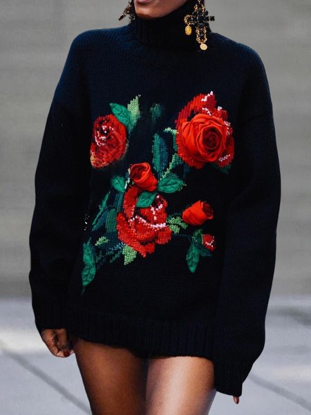 

Urban Floral Long Sleeve Sweater, Black-red, Pullovers